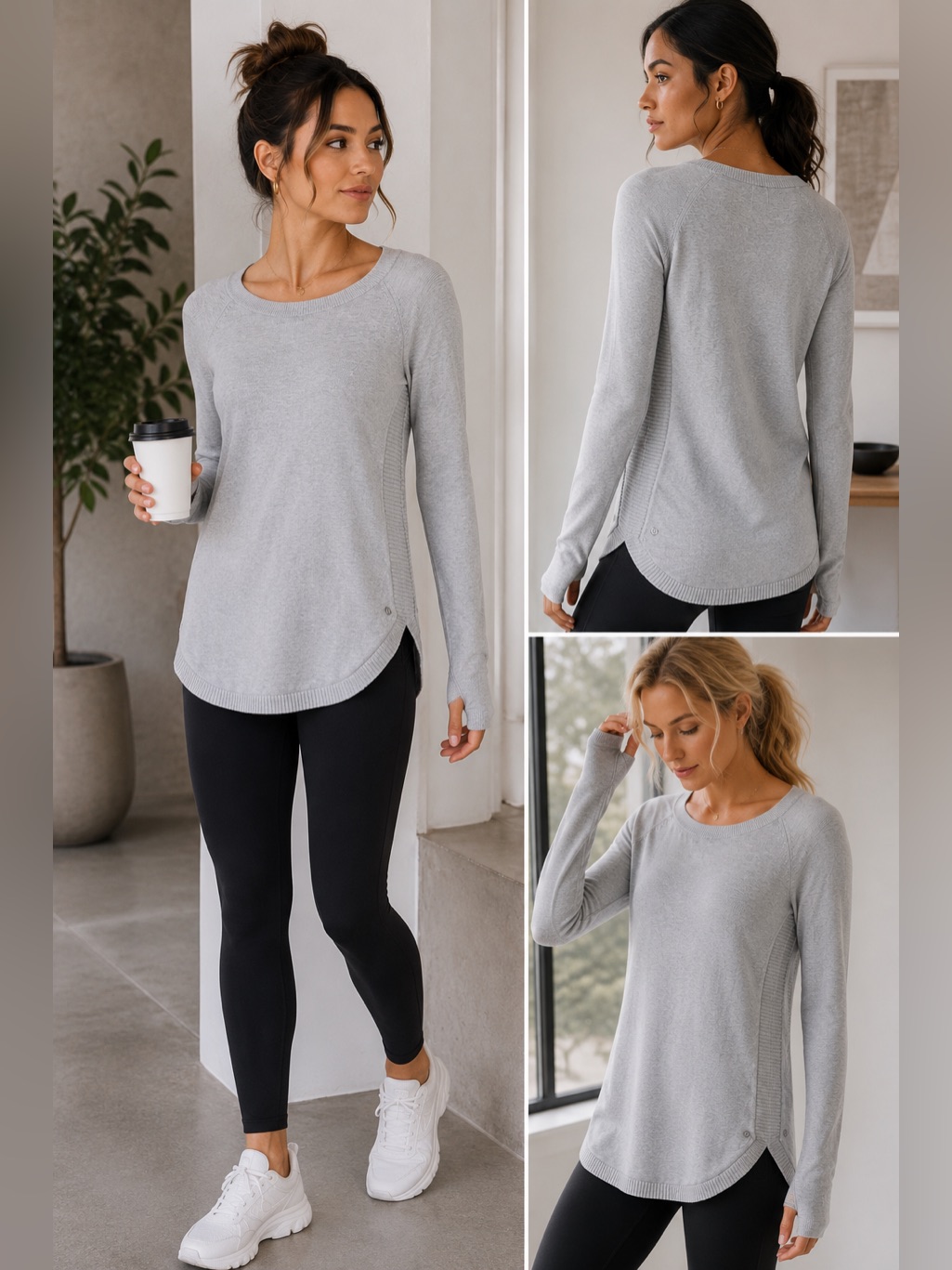 Lululemon Women's Light Gray Ribbed Trim Rounded Thumbhole Pullover Top Size 4